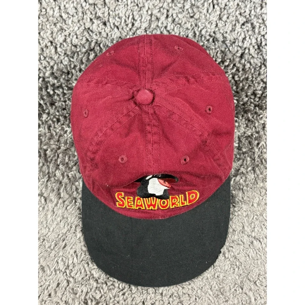 Vintage 90s SeaWorld Shamu Orca Hat Kids Youth Burgundy Black Baseball Cap